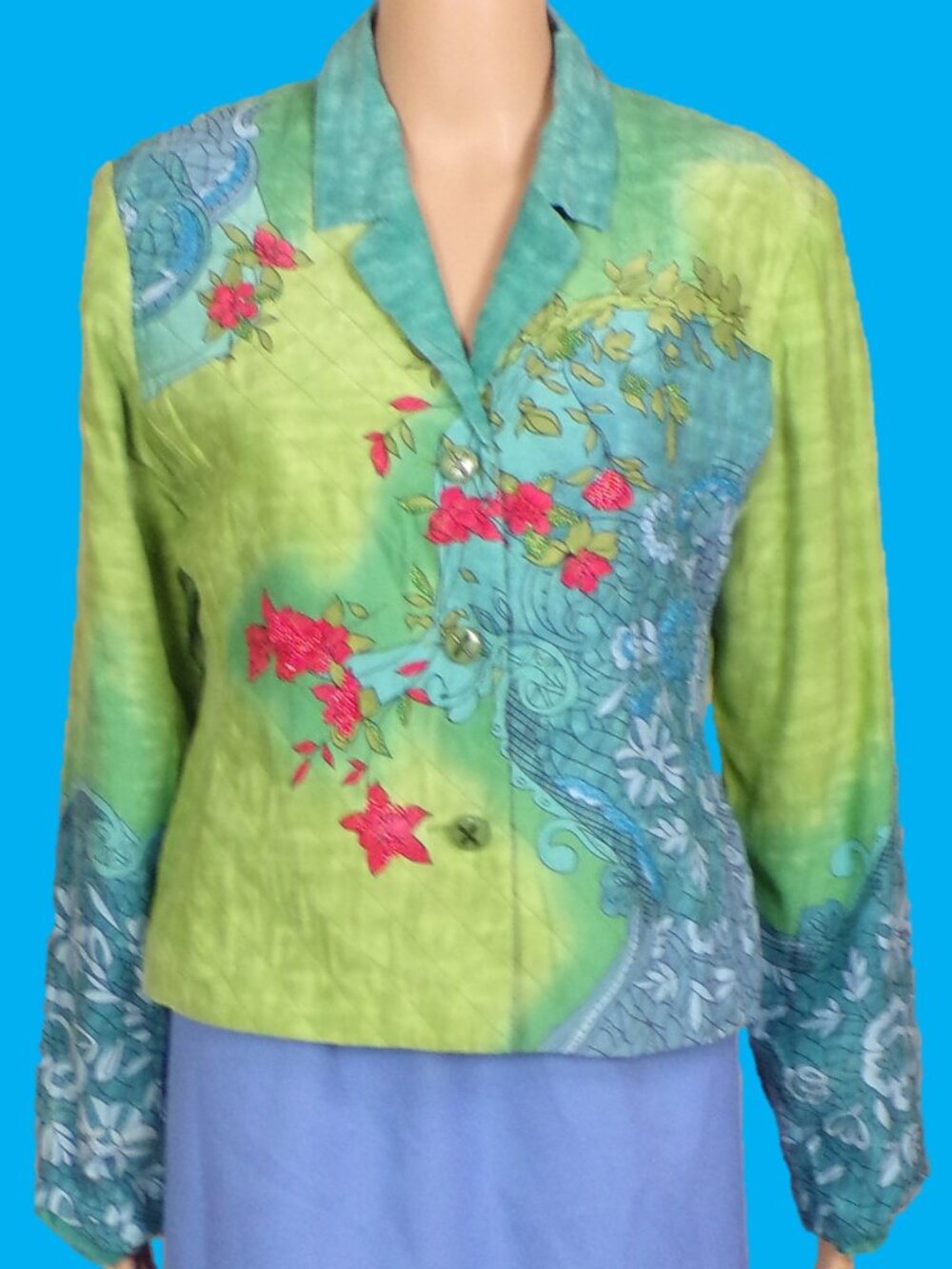 SILK! NANCY BOLEN city girl size S multicolor floral silk jacket sequins & beads